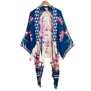 Flying Tomato Kimono Cardigan Blue Floral Print M/L Boho Chic Resort Beach